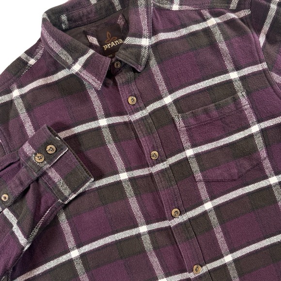 Prana Flannel Button Up Shirt Men's L Purple Plaid Organic Cotton Thick Gorpcore - Picture 1 of 8
